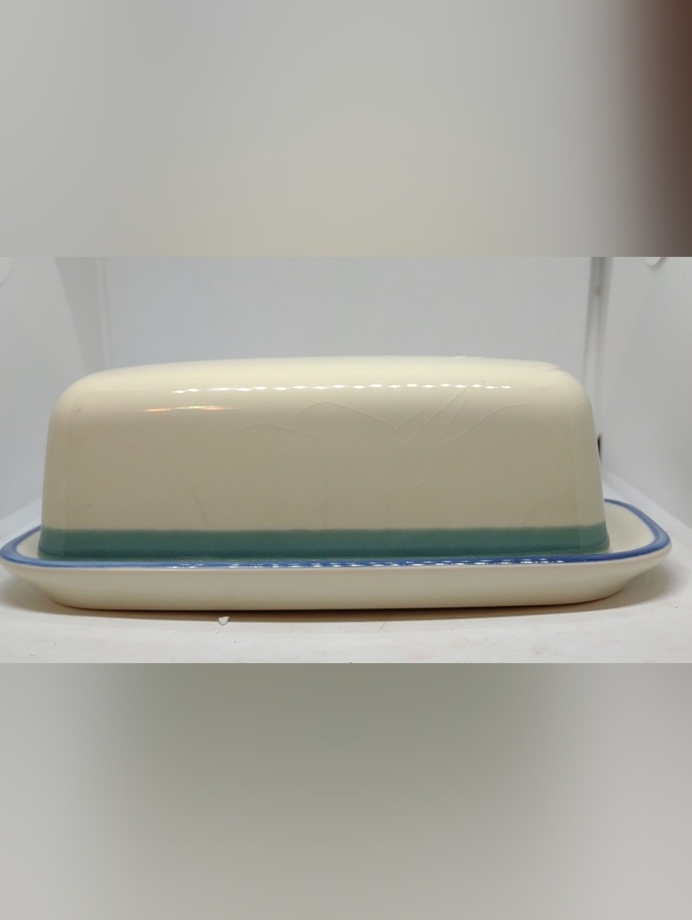 Vintage Pfaltzgraff USA Stoneware JUNIPER 1/4 Pound 2 Pc BUTTER DISH Blue Ring